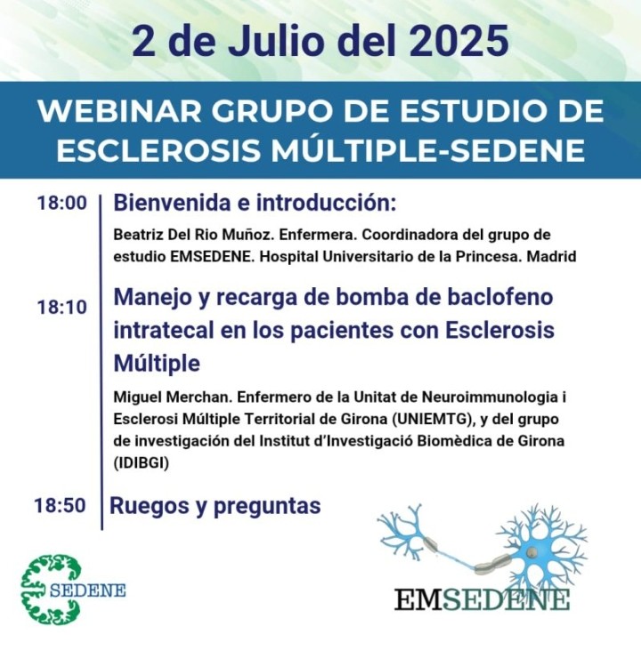 Desde #EMSEDENE  grupo de estudio de EM <a href="/sedenered/">Sociedad Española de Enfermería Neurológica</a>  te invitamos al webinar “Manejo y recarga de bomba de baclofeno en EM” 🧠
📅 Miércoles 2 de julio
🕕 18:00-19:00h
📌 Actualiza tus conocimientos en tratamiento de EM
🔗 Más info en el enlace👇
sedene.us17.list-manage.com/subscribe?u=27…