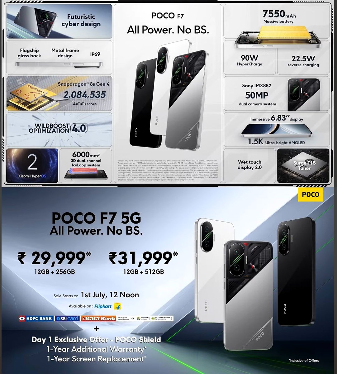 #POCOF7 launched in India.
Price 💰 ₹31,999 (12+256GB)

specifications
📱 6.83" 1.5K flat OLED LTPS display, 120Hz refresh rate, 3840Hz PWM, 1800 nits HBM, Gorilla glass 7i
🔳 Qualcomm Snapdragon 8s Gen 4, LPDDR5x RAM &amp; UFS 4.1 storage
🍭 Android 15 (4+6 updates)
📸 50MP Sony