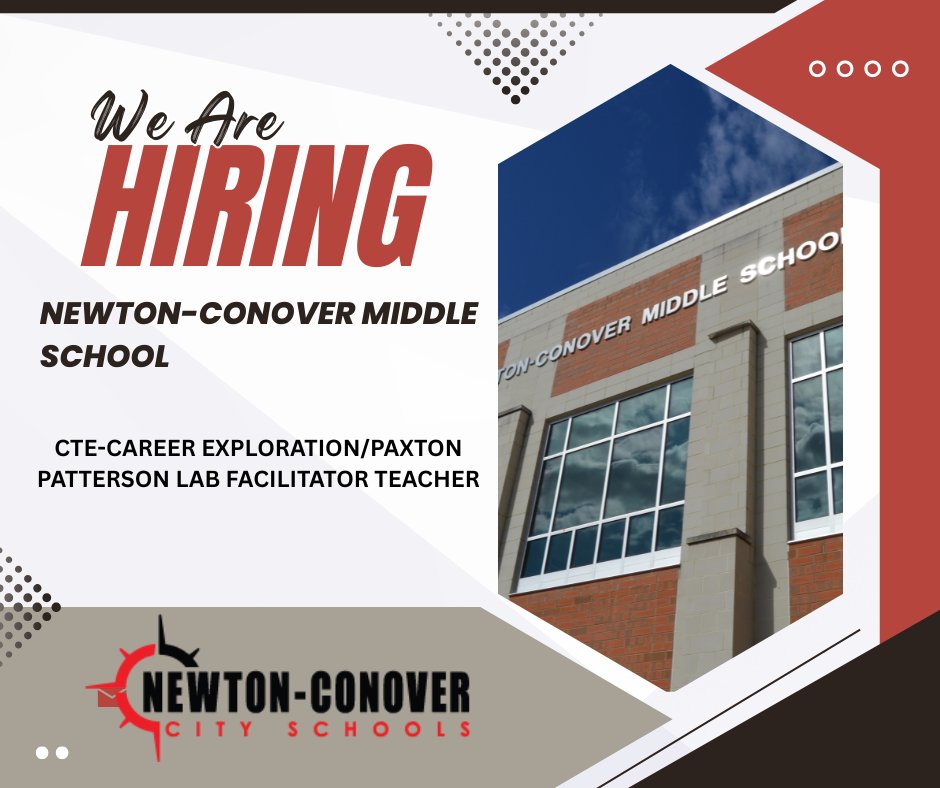 We're hiring.  Newton-Conover Middle School is seeking a CTE teacher:

Apply here:  newtonconover.schoolspring.com/?jobid=5243947