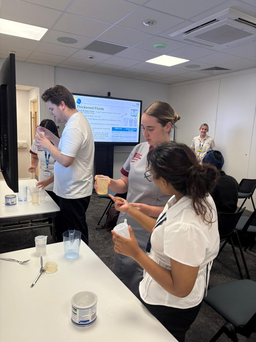 Multi disciplinary approach with our OT, SALT and nursing students practicing mixing “thick and easy” with fluids in today’s student teaching session