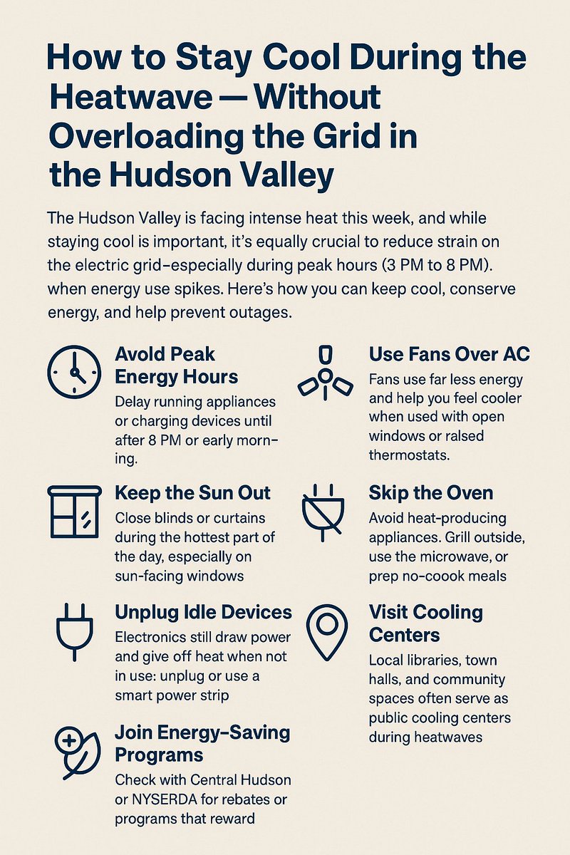 MandREnergy's tweet photo. The Hudson Valley is facing intense heat this week, and while staying cool is important it’s equally crucial to reduce strain on the electric grid especially during peak hours (3 to 8) when energy use spikes. Here’s how you can keep cool conserve energy and help prevent outages: https://t.co/jEjUpegFjr