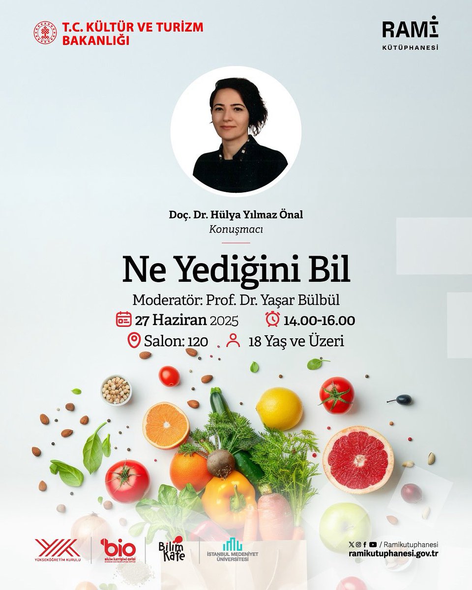 Her gün soframıza gelen gıdalar, aslında bize birçok şey anlatıyor. 🍅🥖
Peki, biz ne kadarını duyabiliyoruz?
 
Rami Kütüphanesi’nde gerçekleştirilecek “Gıdaya Bilimle Bakmak” semineri, günlük tüketim alışkanlıklarımızı yeniden düşünmemizi sağlayacak. Bu etkinlikte, ürünlerin