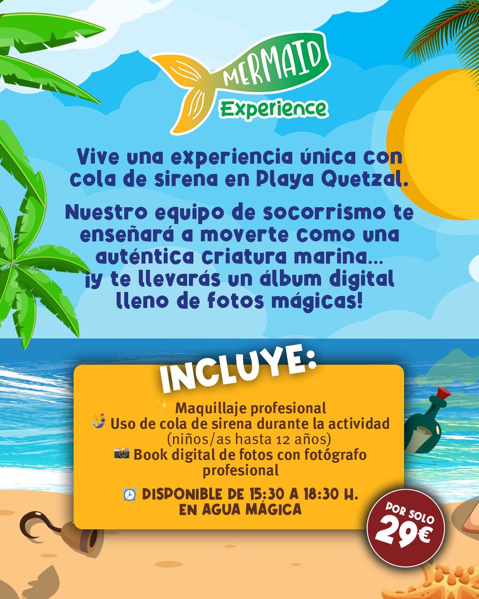 ¡Haz de tu visita a Agua Mágica un día aun más mágico! Transforma el verano de tu peque en un cuento submarino con esta experiencia única que podrás disfrutar en Playa Quetzal.

Consulta toda la información en islamagica.es/mermaidexperie…