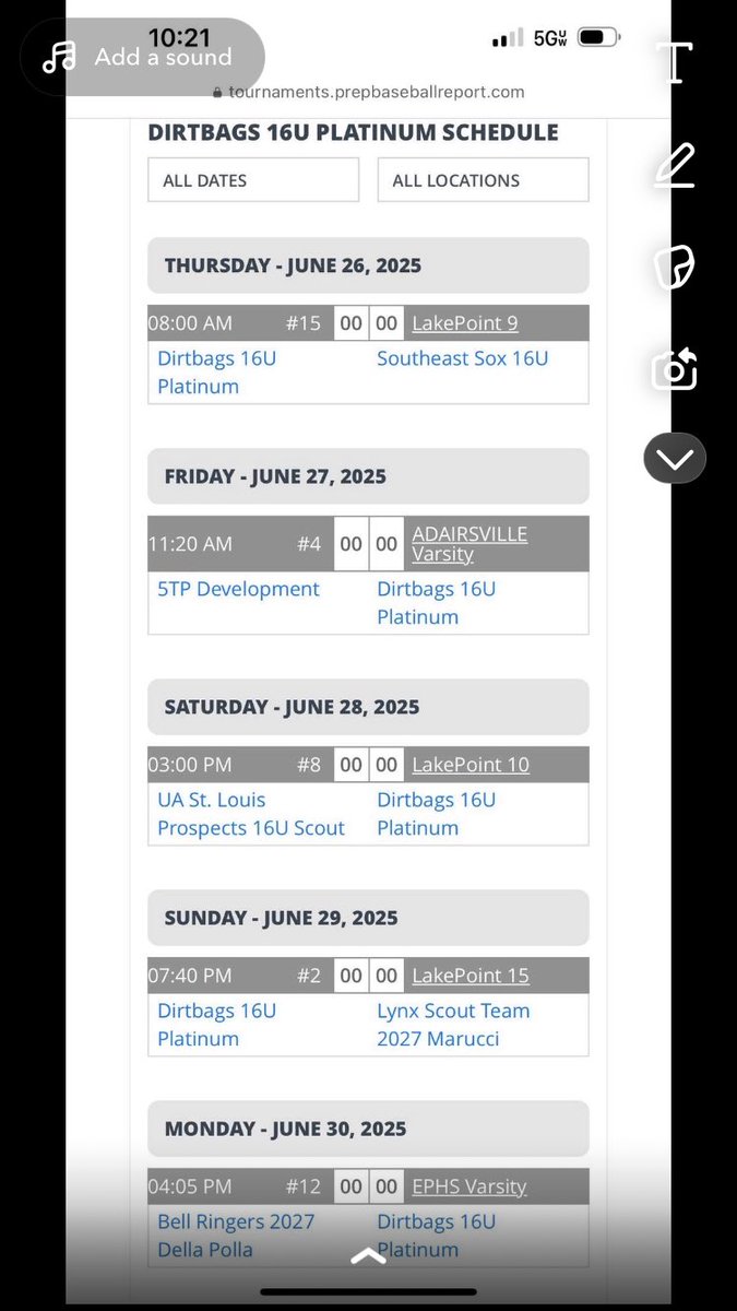 Schedule for the 16u National Championship at LakePoint this week. Ready to get to work.