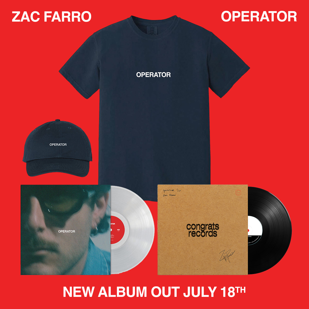 CongratsRecords's tweet image. CR0010: ‘Operator’, the debut solo album by
@zacfarro, available everywhere on July 18th.

Stream the new single ‘My My’ and watch the visualizer at lnk.to/zf-mymy 

Preorder merch, vinyl and exclusive signed hand-numbered test pressings now at congratsrecords.com
