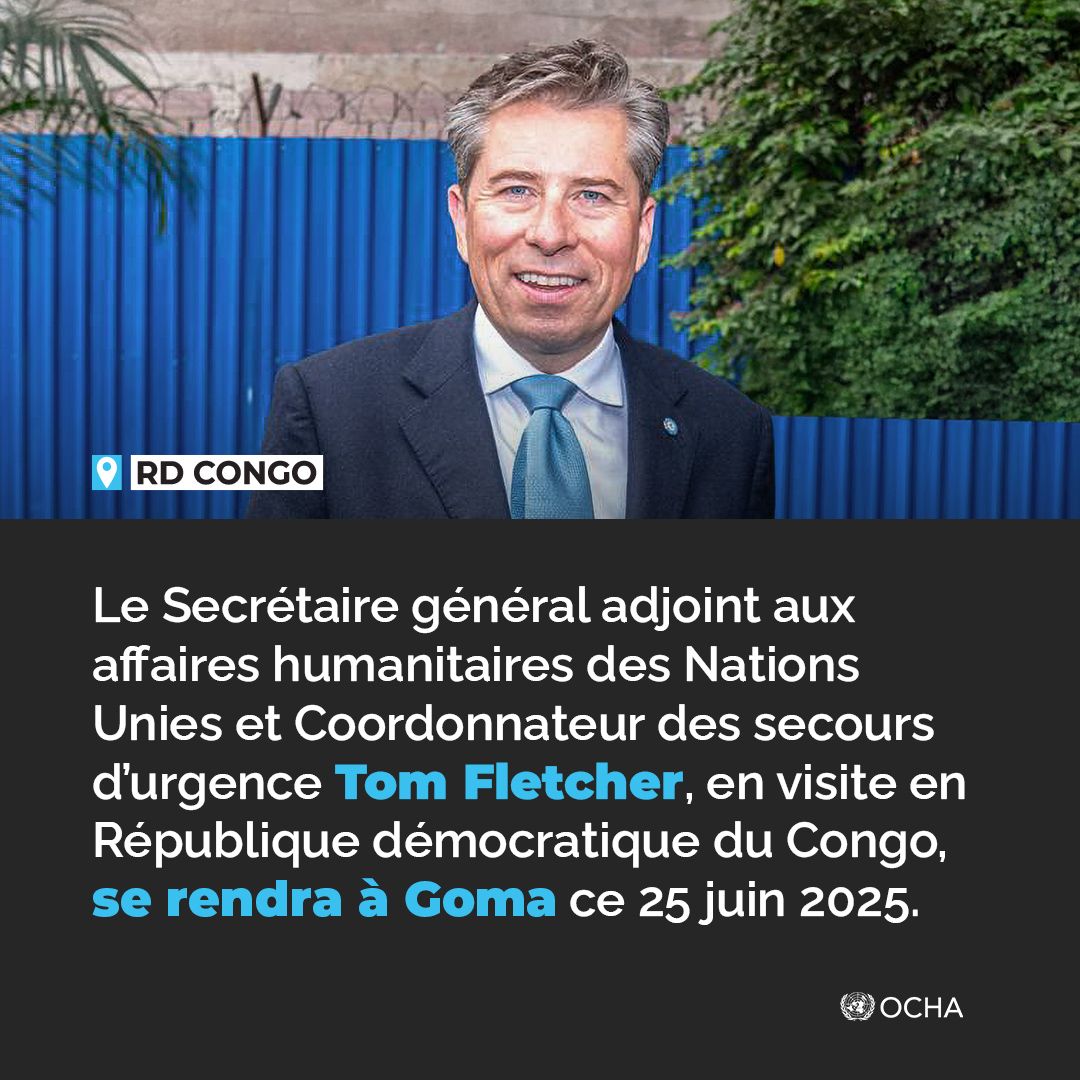 OCHA DRC (@unocha_drc) on Twitter photo Le Coordonnateur des secours d'urgence de l'<a href="/ONU_fr/">Nations Unies (ONU)</a>, Tom Fletcher <a href="/UNReliefChief/">Tom Fletcher</a>, arrive ce 25 juin à #Goma.
Il y rencontrera la communauté humanitaire ainsi que les représentants de l'AFC/M23 pour discuter des besoins et défis humanitaires sur place. Le Coordonnateur des secours d'urgence de l'<a href="/ONU_fr/">Nations Unies (ONU)</a>, Tom Fletcher <a href="/UNReliefChief/">Tom Fletcher</a>, arrive ce 25 juin à #Goma.
Il y rencontrera la communauté humanitaire ainsi que les représentants de l'AFC/M23 pour discuter des besoins et défis humanitaires sur place.