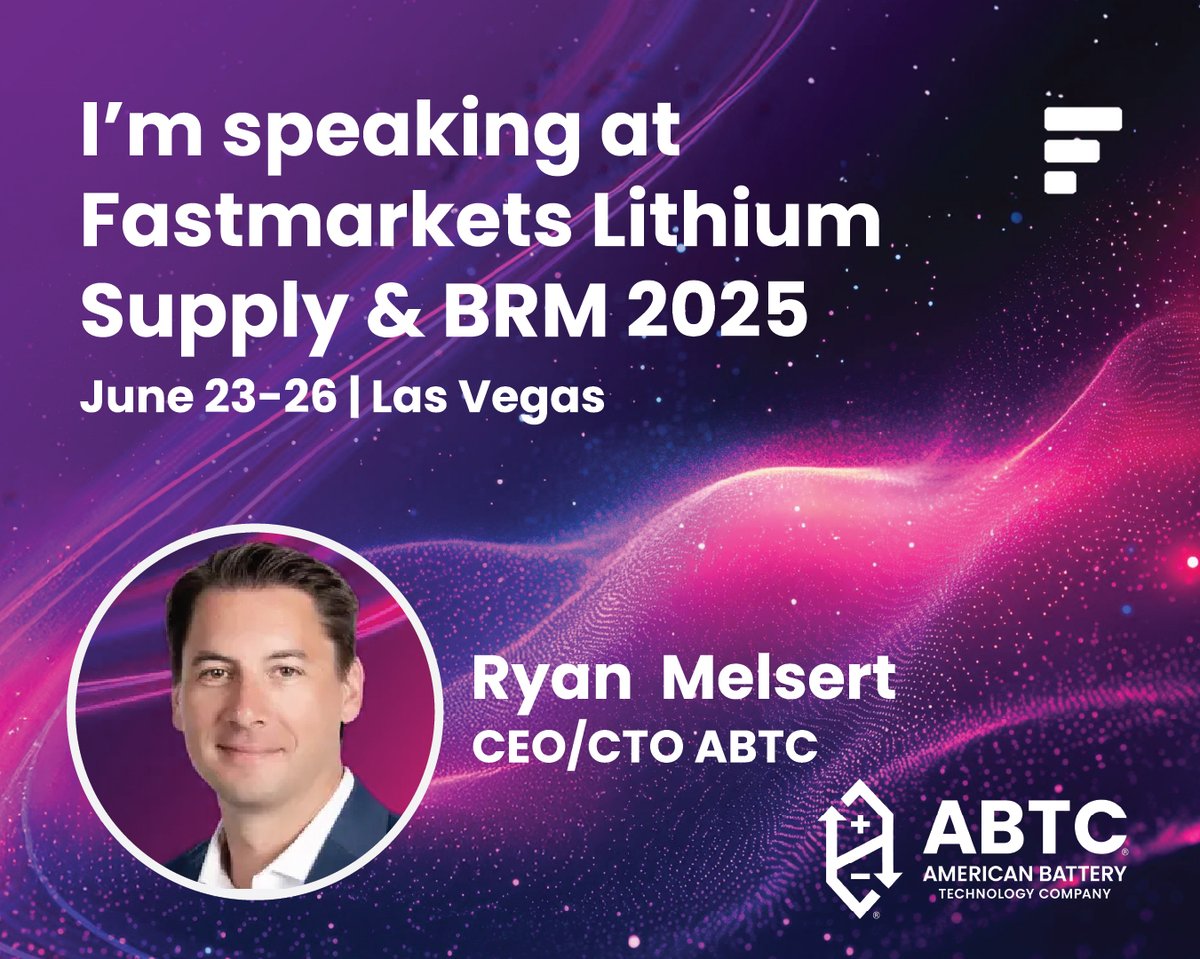 American Battery Technology Company (@abt_company) on Twitter photo The ABTC team is excited to be at the <a href="/Fastmarkets/">Fastmarkets</a> Lithium Supply and Battery Raw Materials 2025 Conference in Las Vegas, engaging with top industry leaders and stakeholders shaping the future of the lithium battery supply chain.
Today, our CEO/CTO Ryan Melsert takes the The ABTC team is excited to be at the <a href="/Fastmarkets/">Fastmarkets</a> Lithium Supply and Battery Raw Materials 2025 Conference in Las Vegas, engaging with top industry leaders and stakeholders shaping the future of the lithium battery supply chain.
Today, our CEO/CTO Ryan Melsert takes the