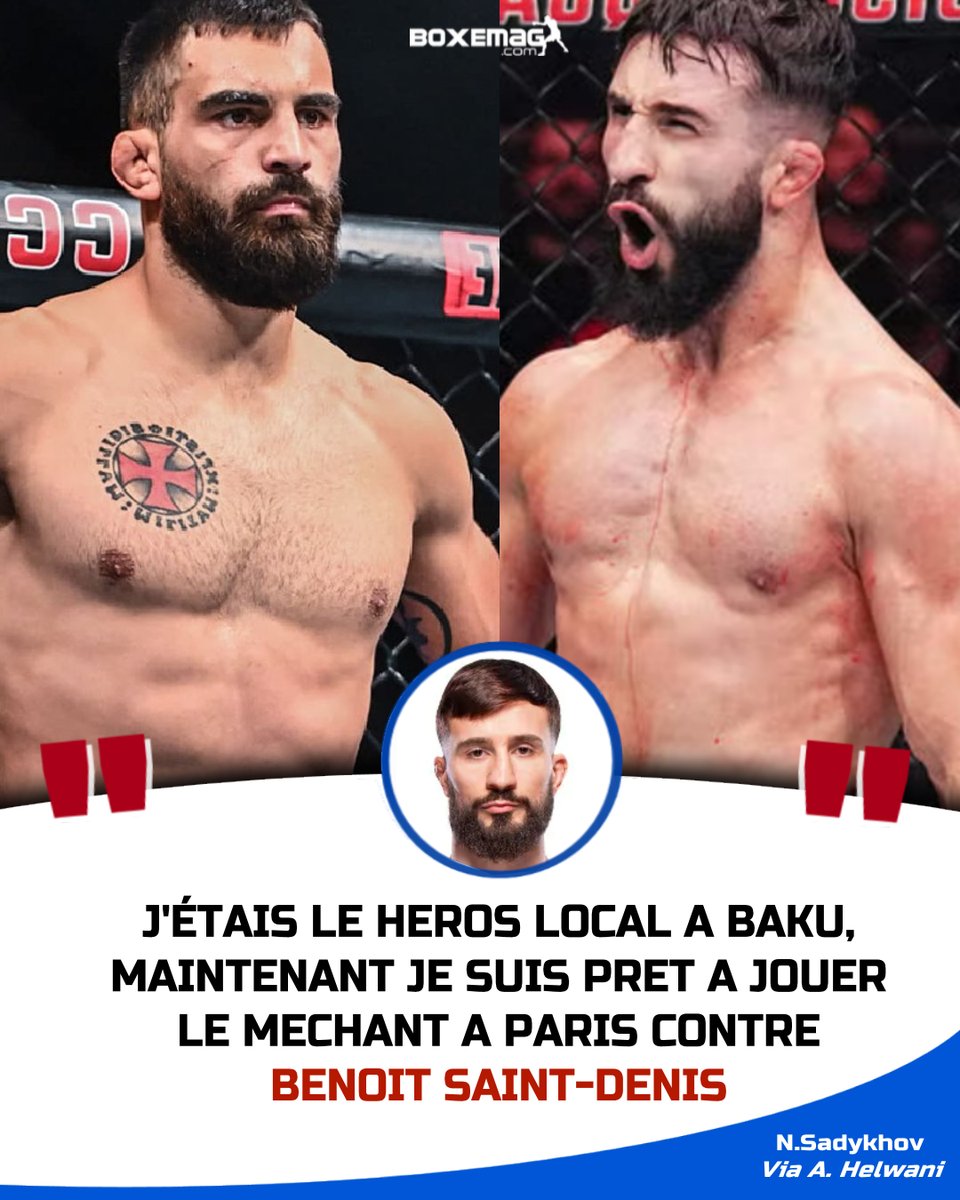 La star montante Nazim Sadykhov 🇦🇿 (11-1-1) a déclaré qu'il aimerait pouvoir affronter Benoit Saint-Denis 🇫🇷 (14-3) lors du prochain #UFCParis.

(via <a href="/arielhelwani/">Ariel Helwani</a>)