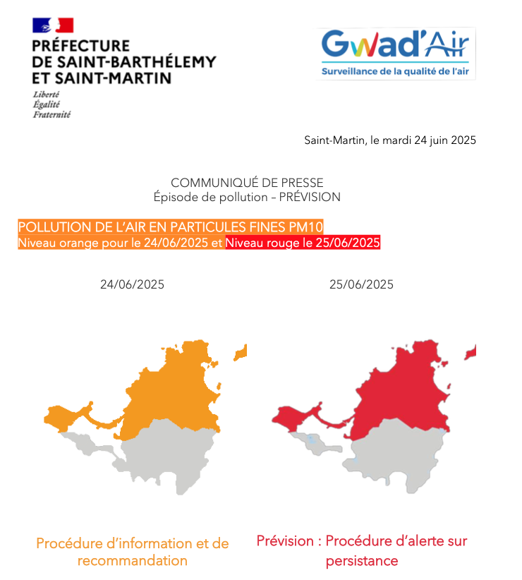 [ Environnement ]  - POLLUTION DE L’AIR EN PARTICULES FINES PM10 Niveau orange pour le 24/06/2025 et Niveau rouge le 25/06/2025 pour Saint-Barthélemy et Saint-Martin.
MERCI DE RELAYER CETTE INFORMATION
gwadair.fr