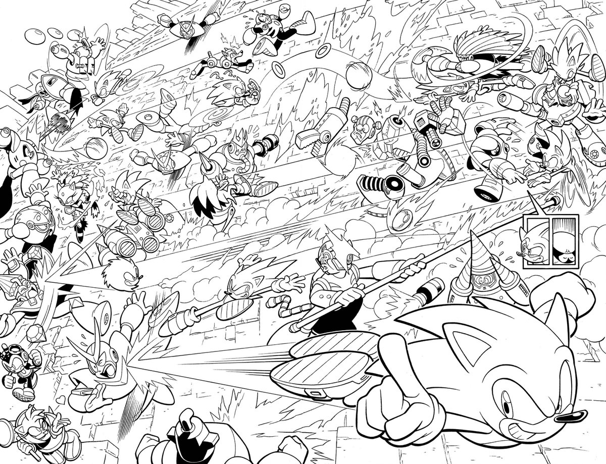 gmartinink's tweet image. Day 2 of Sonic week! Here's a double-page splash from STH 250, with Pencils by Ben Bates and my inks.