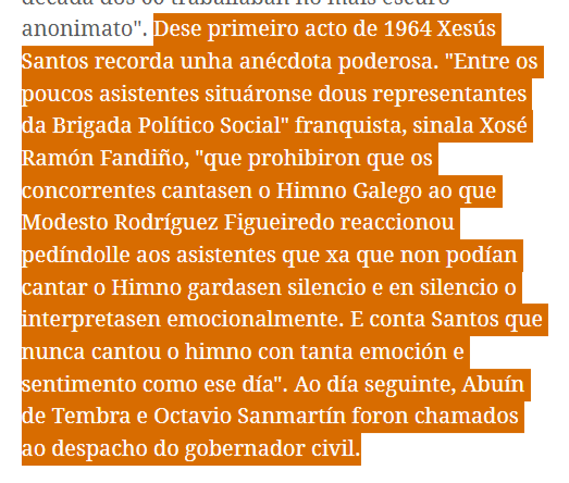 Durante a presentación do libro 'Un fío de amor e lealdade a Galicia' resumindo os 60 anos do premio Pedrón de Ouro, Xosé Ramón Fandiño contou esta anécdota que non me sae da cabeza. Cantar o himno durante a dictadura. En si mesma xustificaría unha película.