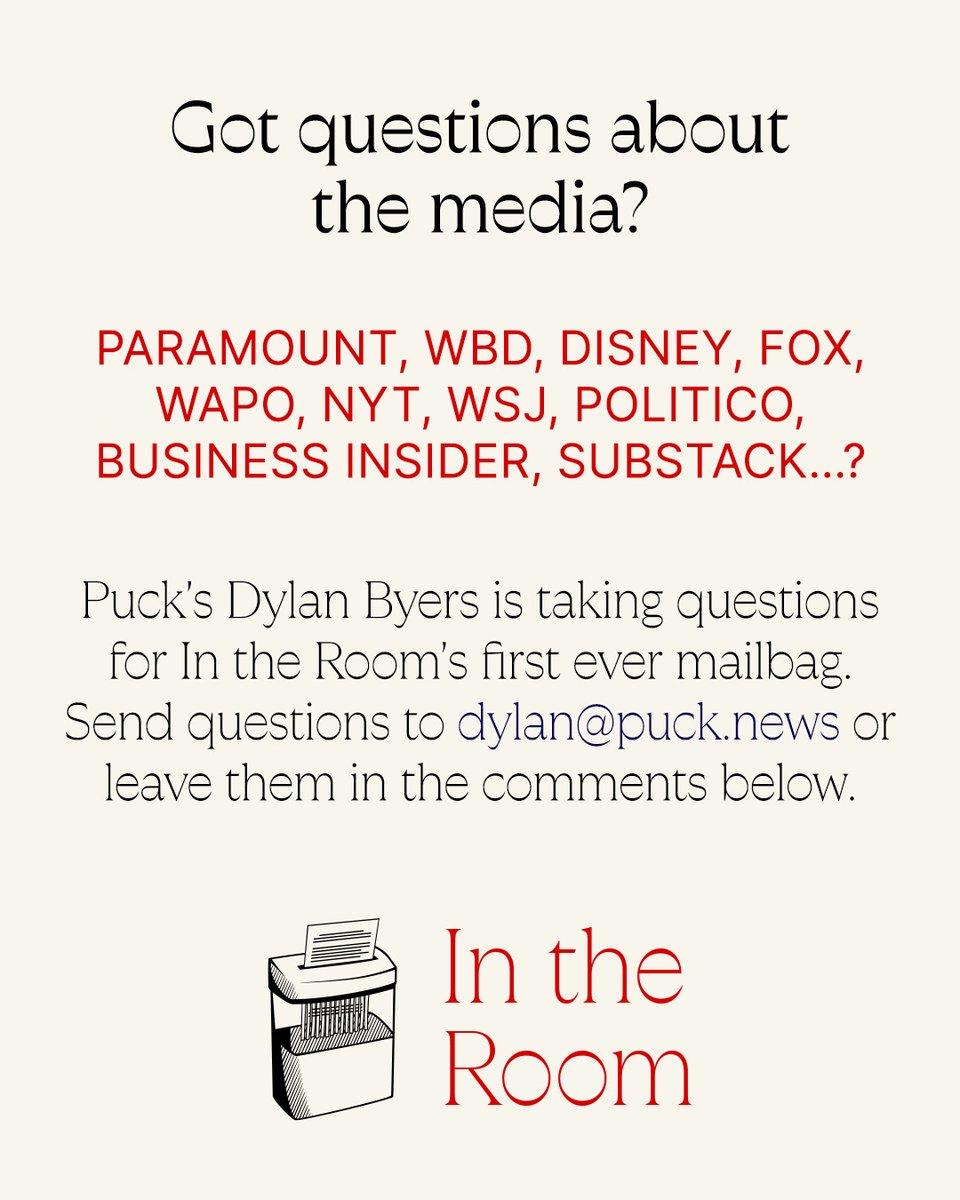 Puck (@pucknews) on Twitter photo Puckās <a href="/DylanByers/">Dylan Byers</a> is taking questions for In the Roomās first ever mailbag. Send your questions about the media world to dylan@puck.news or leave them in the comments below š Puckās <a href="/DylanByers/">Dylan Byers</a> is taking questions for In the Roomās first ever mailbag. Send your questions about the media world to dylan@puck.news or leave them in the comments below š