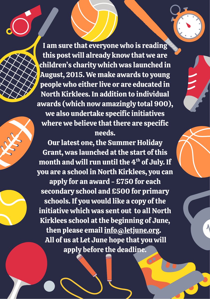 Summer Holiday Grant

If you are a member of staff in a school in North Kirklees, then check out our new summer initiative.  

info@letjune.org