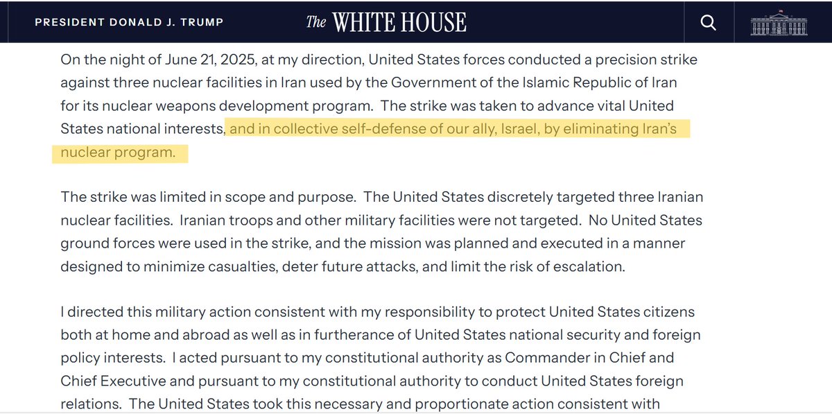 Trump WH justification of strikes on Iran sets an incredibly dangerous precedent. It claims a right to "collective self-defense" of U.S. allies. So a President could e.g. declare war on China in defense of Taiwan with no Congressional authorization.  whitehouse.gov/presidential-a…