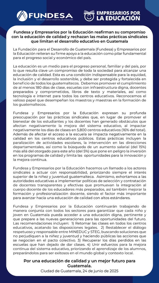 Fundesa y Empresarios por la Educación reafirman su compromiso con la educación de calidad y rechazan las malas prácticas sindicales que limitan el desarrollo educativo en Guatemala. #EducaciónGt