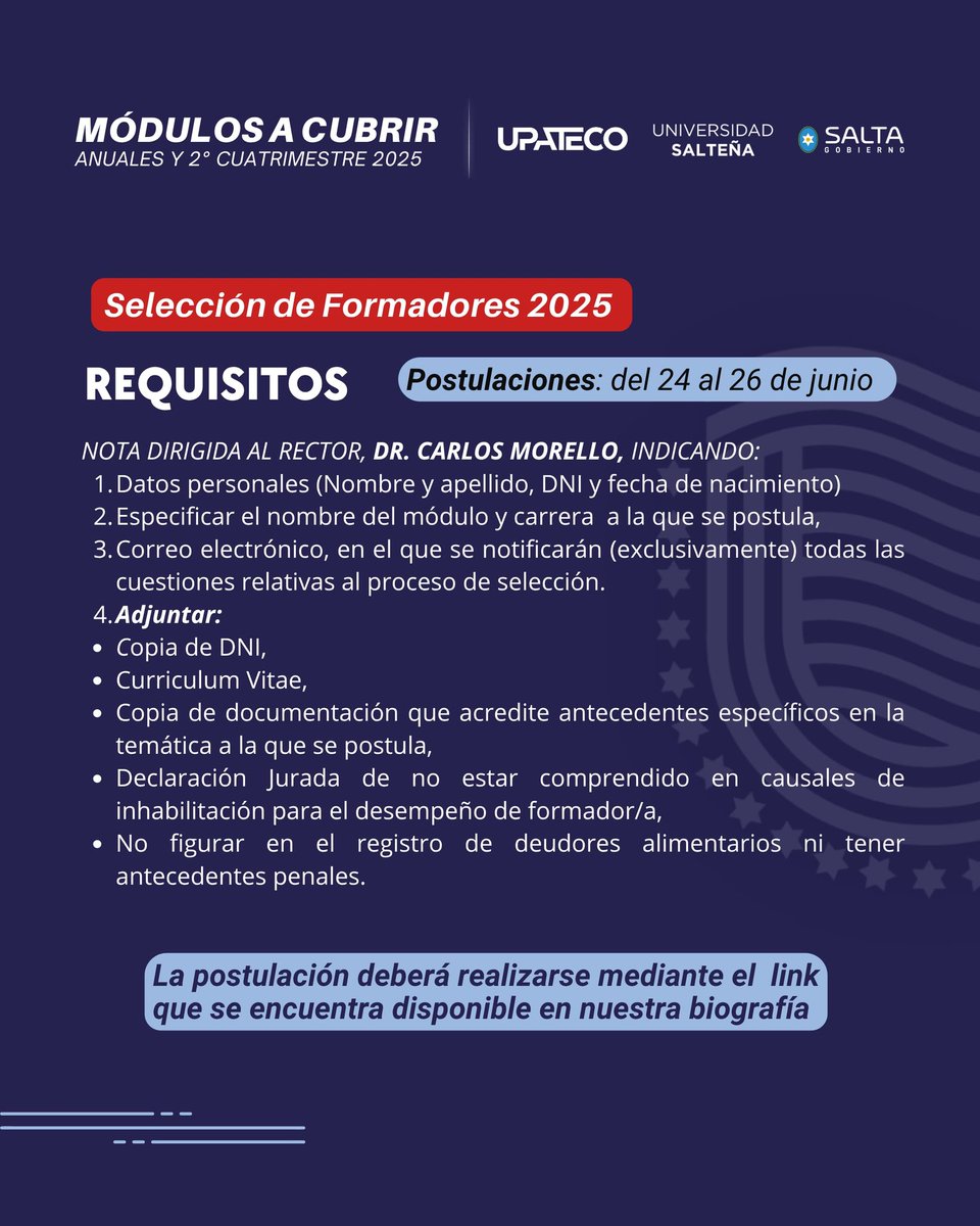 LLAMADO A CONCURSO PARA FORMADORES: MÓDULOS ANUALES Y 2DO CUATRIMESTRE 2025 ✅
forms.gle/Che2ubQvsPKb7t…