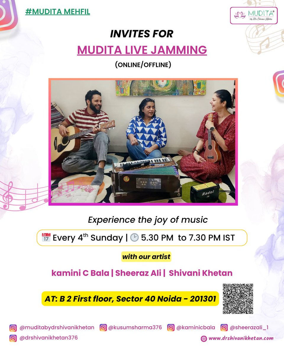 🎵 We changed our schedule. We will meet on every 4th Sunday🎵
🎶 Join the Mudita Live Jamming

⏰ 5:30 PM – 7:30 PM IST
📍 Live on Instagram

#muditalive #jamwithmudita #musicconnects #soulfulsundays #livejamming #muditajamming #livemusic #drshivanikhrtan #mudita