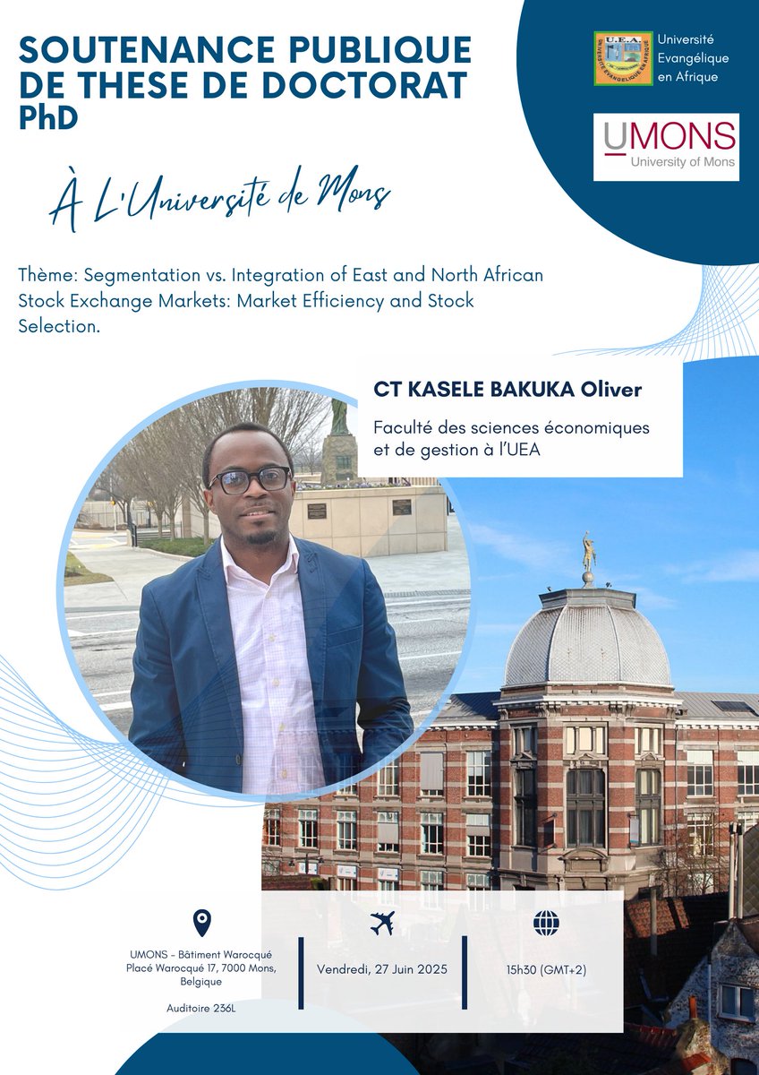 L’Université Évangélique en Afrique (UEA) a le plaisir d’annoncer la soutenance publique de thèse du CT KASELE BAKUKA Oliver, Enseignant à la Faculté des sciences économiques et de gestion.