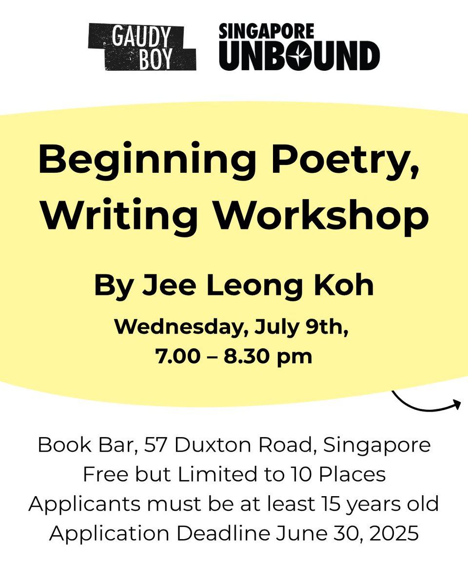SGUnbound1's tweet image. In Singapore this July? Here&apos;s a 90-minute writing workshop with SGUnbound&apos;s founder Jee Leong Koh! Details at the link below:

singaporeunbound.org/event-list/beg…