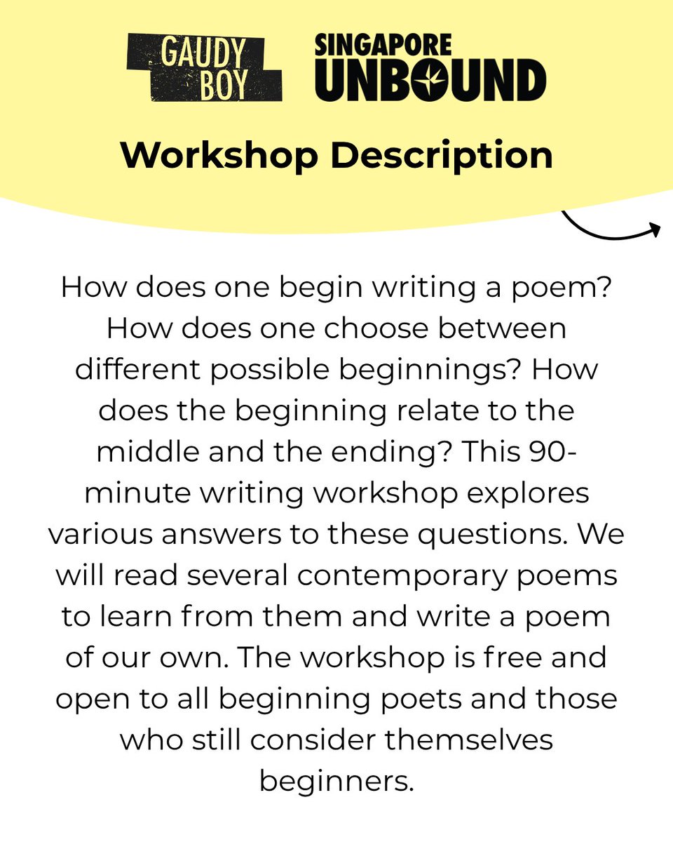 SGUnbound1's tweet image. In Singapore this July? Here&apos;s a 90-minute writing workshop with SGUnbound&apos;s founder Jee Leong Koh! Details at the link below:

singaporeunbound.org/event-list/beg…
