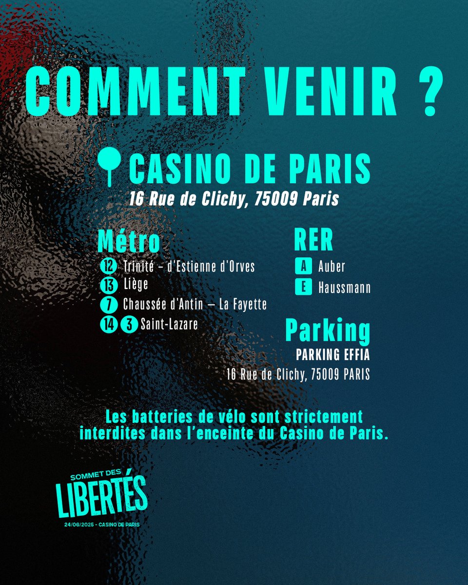 Rendez-vous ce soir au Casino de Paris pour écouter et rencontrer les intervenants et responsables politiques !

🕢 Village dès 18h30 – Soirée à 19h45

#SommetDesLibertés