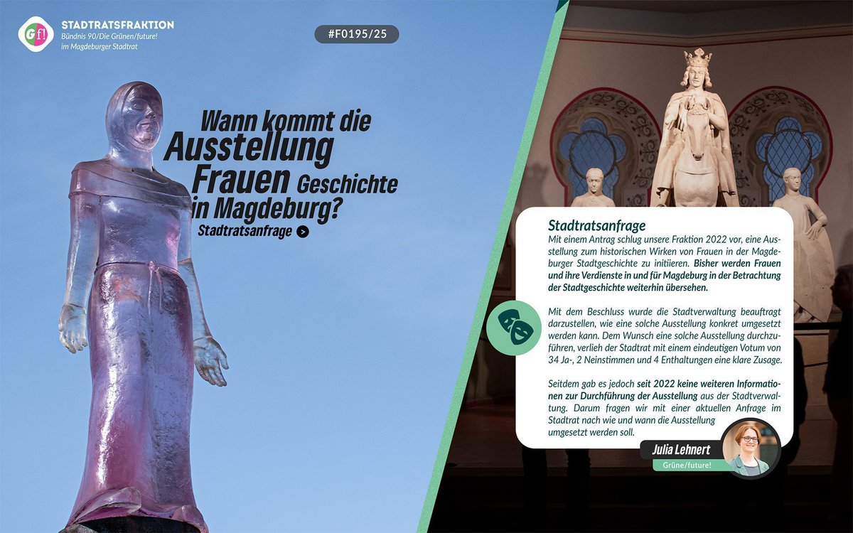 2022 beschloss der Stadtrat mit der Planung einer Ausstellung zur Geschichte und dem Wirken von Frauen in unserer Stadt zu beginnen. Seitdem hat sich jedoch wenig getan. Darum fragen wir nach wann es die Ausstellung geben wird.
Zur Anfrage:
ratsinfo.magdeburg.de/vo0050.asp?__k…