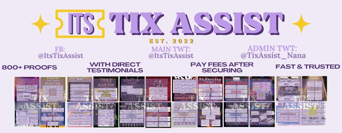 ItsTixAssist's tweet photo. ITS TIX ASSIST: Your Concert Bestfriend🎟️

📜Testimonials in @TixAssist_Nana 
💜 Reserve in https://t.co/lJn5p5t7v5