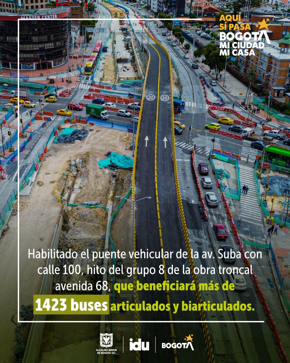 IDU Bogotá (@idubogota) on Twitter photo 🚌¡Programa tu viaje!
Los buses de TransMilenio,TransMiZonal y tráfico mixto ya pueden usar el nuevo puente de la av. Suba con calle 100, sentido sur-norte.
🚨Cuando finalice la obra, este puente será exclusivo para <a href="/TransMilenio/">TransMilenio</a>. 🚌¡Programa tu viaje!
Los buses de TransMilenio,TransMiZonal y tráfico mixto ya pueden usar el nuevo puente de la av. Suba con calle 100, sentido sur-norte.
🚨Cuando finalice la obra, este puente será exclusivo para <a href="/TransMilenio/">TransMilenio</a>.
