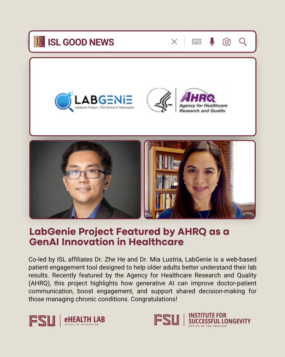 islfsu's tweet image. 📢 We’re proud to share that LabGenie, a project co-led by ISL affiliates Dr. Zhe He and Dr. Mia Lustria, was recently featured by the Agency for Healthcare Research and Quality (AHRQ) in their national newsletter on generative AI in healthcare.
🔗 digital.ahrq.gov/ahrq-funded-pr…