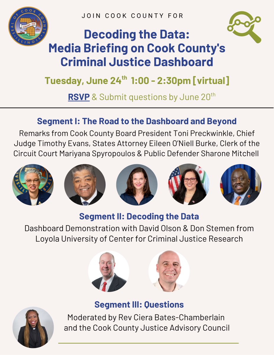 Join Rev. Ciera Bates-Chamberlain, Toni Preckwinkle, Judge Evans, State’s Attorney Burke, Clerk Spyropoulos, Public Defender Mitchell, and Loyola researchers today at 1pm for a virtual briefing on Cook County’s Criminal Justice Dashboard!