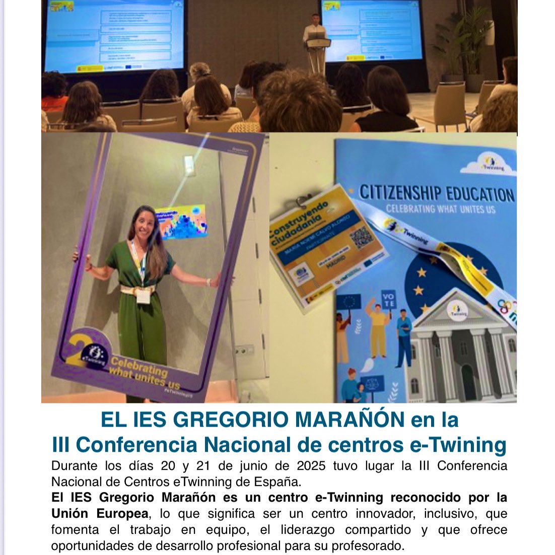 iesgm's tweet photo. EL IES GM en la III Conferencia Nacional de centros e-Twining. 
IES GM es un centro innovador, inclusivo, que fomenta el trabajo en equipo, el liderazgo compartido y que ofrece oportunidades de desarrollo profesional para su profesorado.  #etwinning https://t.co/5yphdtz7AM
