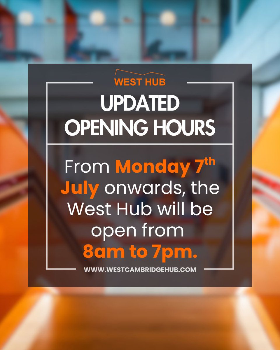 ⏰ Update to West Hub Opening Hours
­Please note that from 7th July, the West Hub’s opening hours will be changing.

New Opening Hours:
Monday to Friday: 8:00am – 7:00pm
(previously 8:00am – 9:00pm)

This change has been made following a review of building usage and operations.