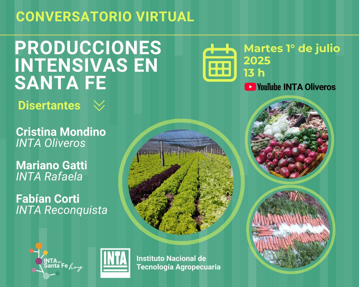 INTA Santa Fe (@intasantafe) on Twitter photo #AgendaINTA
✅ Conversatorio virtual
🥬 Producciones intensivas en Santa Fe
🗓 Martes 1° de julio 2025
⏲ 13 h
▶ Canal de YouTube INTA Oliveros: youtube.com/live/SUPOplmat…
✅ Datos del Censo hortícola de la Provincia de Santa Fe
✍ Más información:
vittiscarel.daniela@inta.gob.ar #AgendaINTA
✅ Conversatorio virtual
🥬 Producciones intensivas en Santa Fe
🗓 Martes 1° de julio 2025
⏲ 13 h
▶ Canal de YouTube INTA Oliveros: youtube.com/live/SUPOplmat…
✅ Datos del Censo hortícola de la Provincia de Santa Fe
✍ Más información:
vittiscarel.daniela@inta.gob.ar