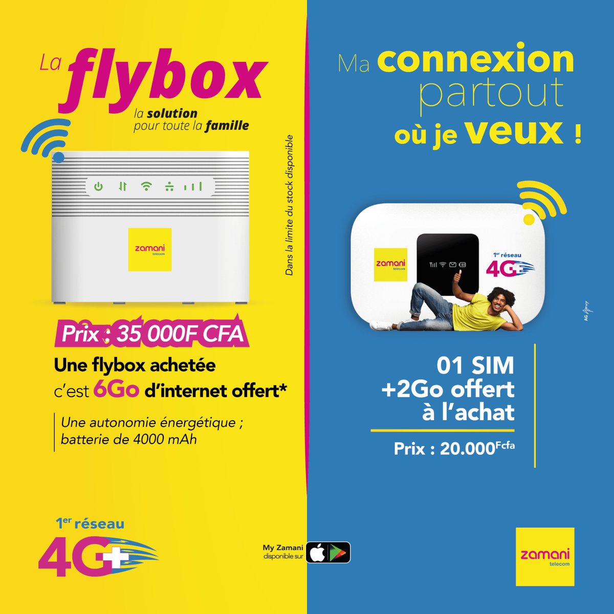 ZamaniTelecom's tweet photo. Profitez du confort de la 4G+ avec la Flybox ร 35 000F et le domino ร 20 000F et des Gigas offerts ร l'achat !
Rendez-vous dans toutes les boutiques Zamani Tรฉlรฉcom. ๐ฅณ๐๐ถ๐ณ๐ช
#ZamaniTelecom #InternetHautdebit #Flybox #Pocket #WiFi https://t.co/03UHRnWDti