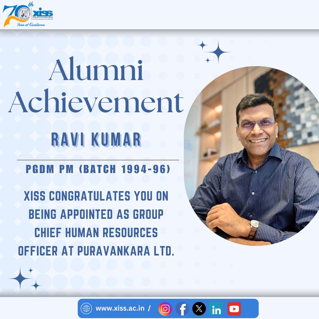 XISS Ranchi (@xissranchi) on Twitter photo We are pleased to share that our #alumnus, Mr Ravi Kumar, #PGDM PM #Batch of 1994-96, has been appointed as the Group #ChiefHumanResourcesOfficer (#CHRO) at <a href="/puravankara/">Puravankara Limited</a>. We extend our heartfelt congratulations and wishes to him.
#alumniachievements #XISSRanchi We are pleased to share that our #alumnus, Mr Ravi Kumar, #PGDM PM #Batch of 1994-96, has been appointed as the Group #ChiefHumanResourcesOfficer (#CHRO) at <a href="/puravankara/">Puravankara Limited</a>. We extend our heartfelt congratulations and wishes to him.
#alumniachievements #XISSRanchi