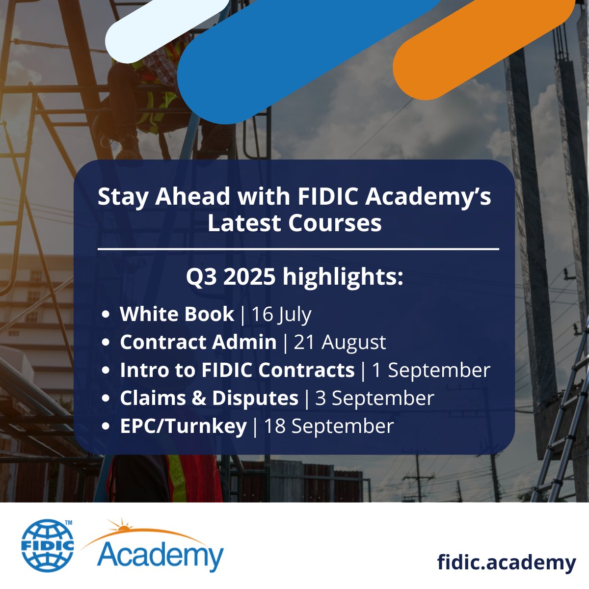 FIDIC's tweet image. 🚀 Looking to grow your career in infrastructure or consulting engineering?
The #FIDICAcademy Q3 2025 courses are now open!
✅ 100% online
✅ CPD certified
✅ Flexible sessions
✅ Expert-led training
Perfect for engineers, PMs, consultants & legal advisors.
👉…