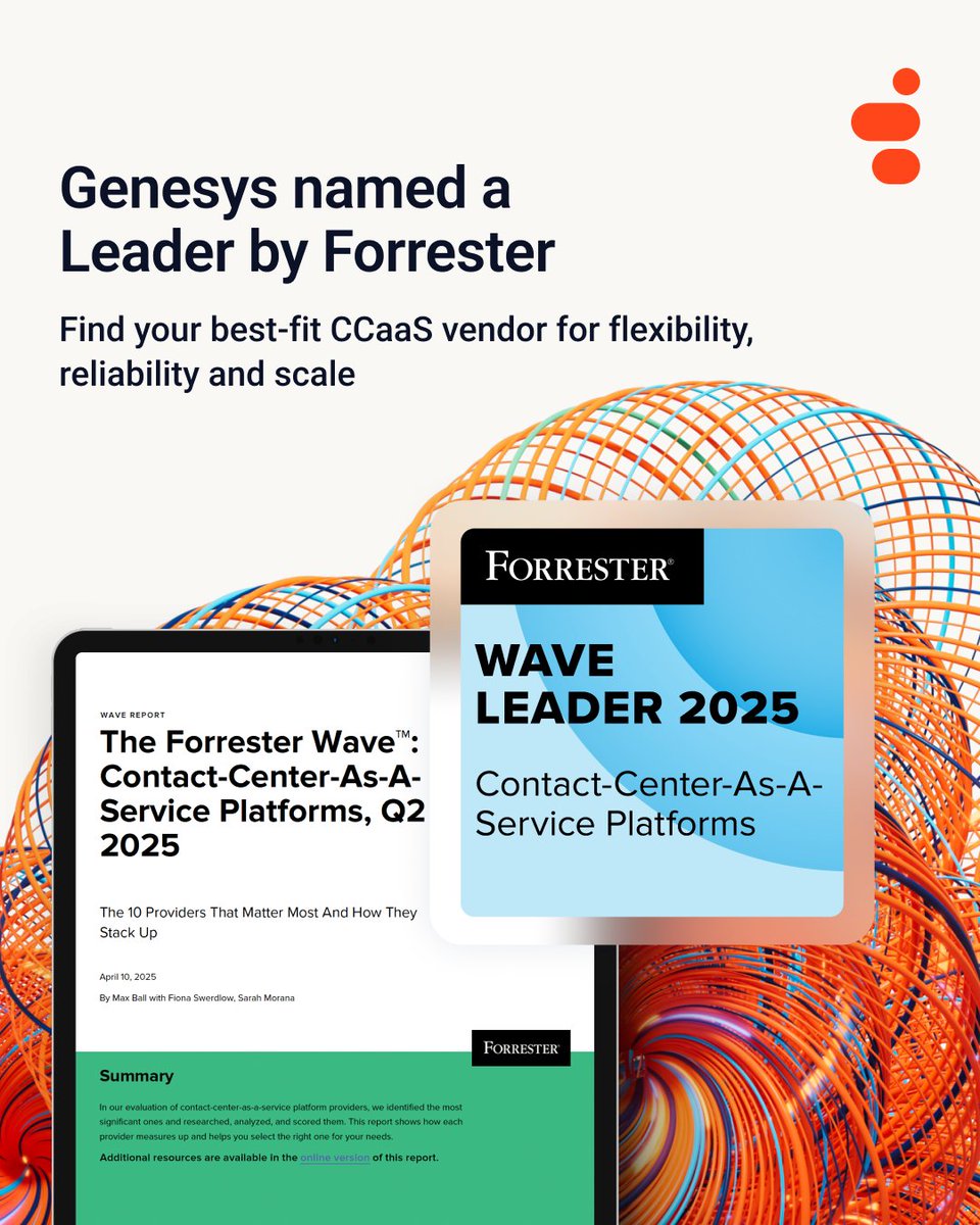Genesys's tweet photo. It’s clear that #AI must deliver measurable #CX outcomes for businesses.
This week at #ForrCX, visit us at booth 101 to learn why Genesys is a Leader in the Forrester Wave™ for CCaaS, Q2 2025, recognized for our modern, AI-powered platform.
→ https://t.co/USXme12U4i https://t.co/TouPV5oJl4