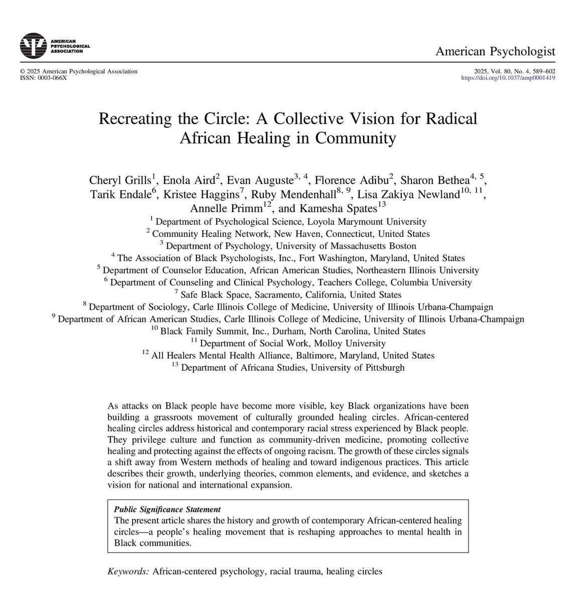 Tarik_Endale's tweet image. Honored to write about addressing mental health effects of historical and contemporary racism through Black-led grassroots community healing efforts, including @TheABPsi Sawubona Healing Circles.
Every circle is a reminder: “We are each other’s medicine.”
psycnet.apa.org/record/2026-27…