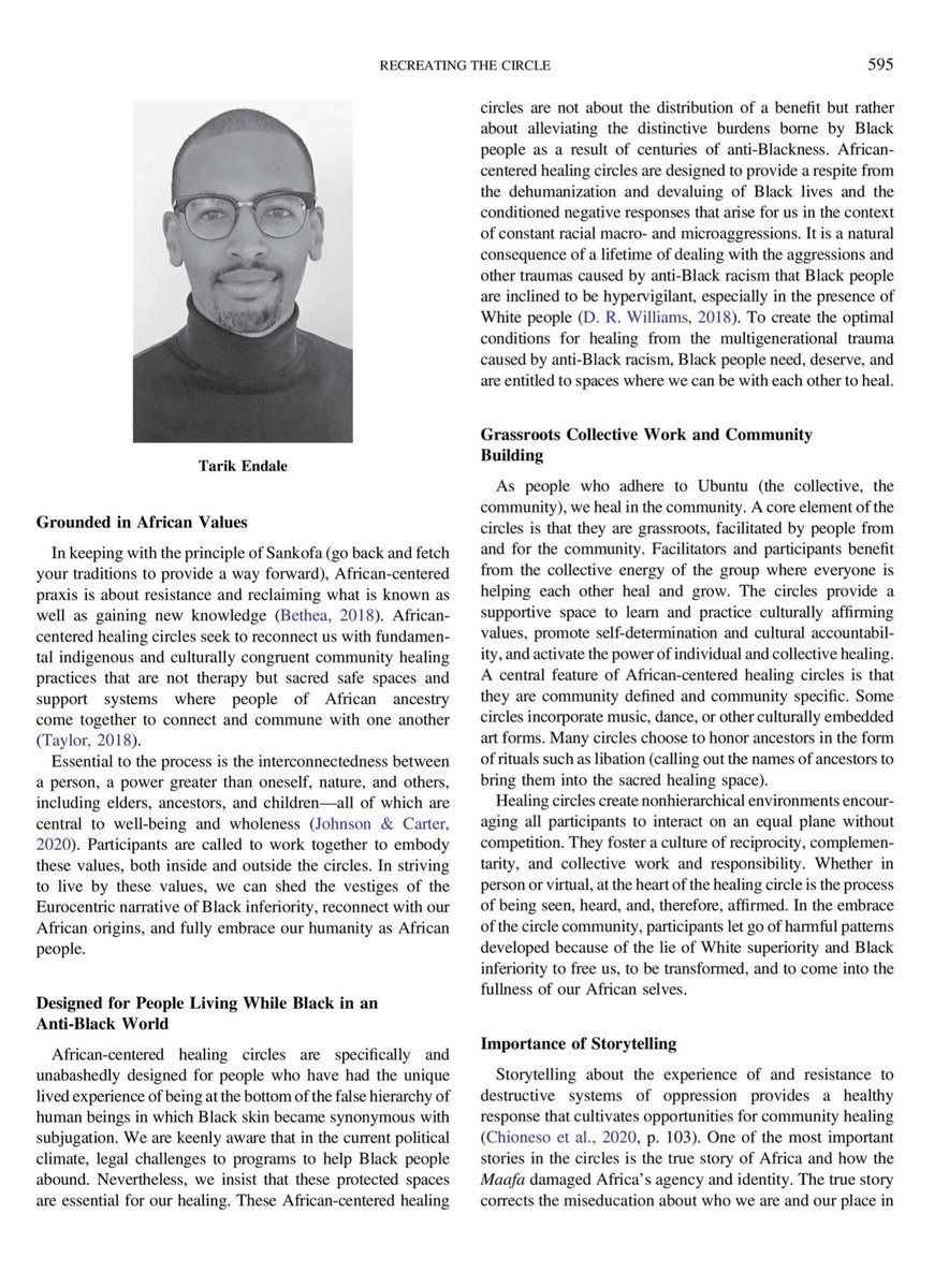 Tarik_Endale's tweet image. Honored to write about addressing mental health effects of historical and contemporary racism through Black-led grassroots community healing efforts, including @TheABPsi Sawubona Healing Circles.
Every circle is a reminder: “We are each other’s medicine.”
psycnet.apa.org/record/2026-27…