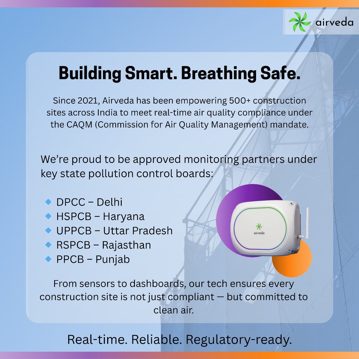 Your Air Quality Partner. Trusted Across the Airshed. 🌬️🏗️

With 500+ sites under CAQM’s airshed mandate, Airveda powers real-time monitoring for cleaner air across Delhi NCR
Approved by DPCC, HSPCB, UPPCB, RSPCB &amp; PPCB ✅
#Airveda #CleanAir #ConstructionMonitoring #Airshed