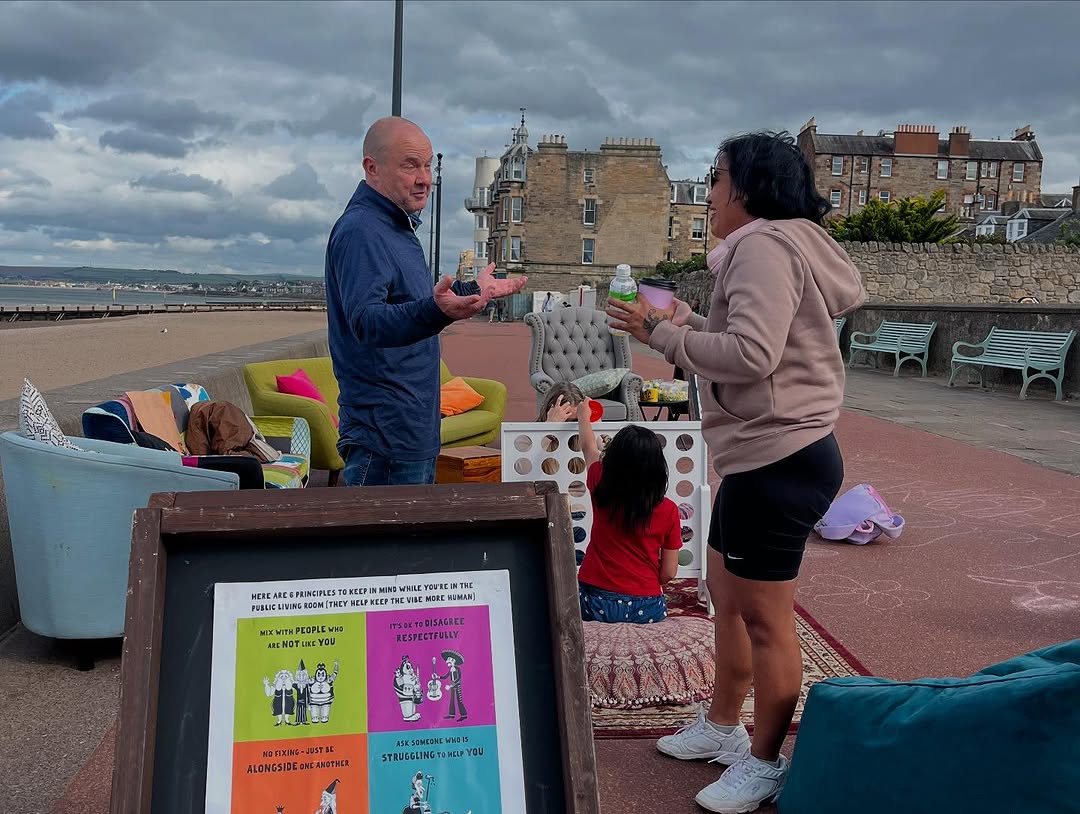 Day 1, Part 2: Portobello Beach 
New pals, big smiles + neighbours meeting on our sofas! Grandad Warren, Nanda &amp; the kids made magic happen. Everyone mucked in — proper camerados spirit 💪
Roll on Day 2… bring on Boro!  
#CameradosIs10
#WeAreCamerados