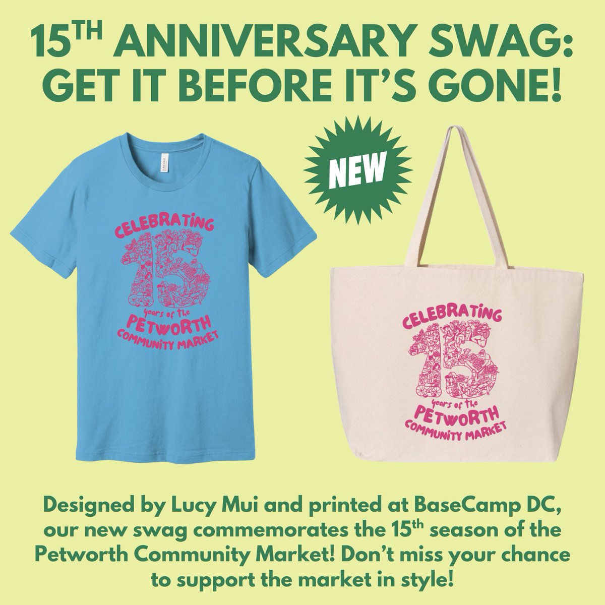 We've got new limited-edition merch to commemorate our 15th anniversary! Get yours at the market info tent on Saturday before it's gone!