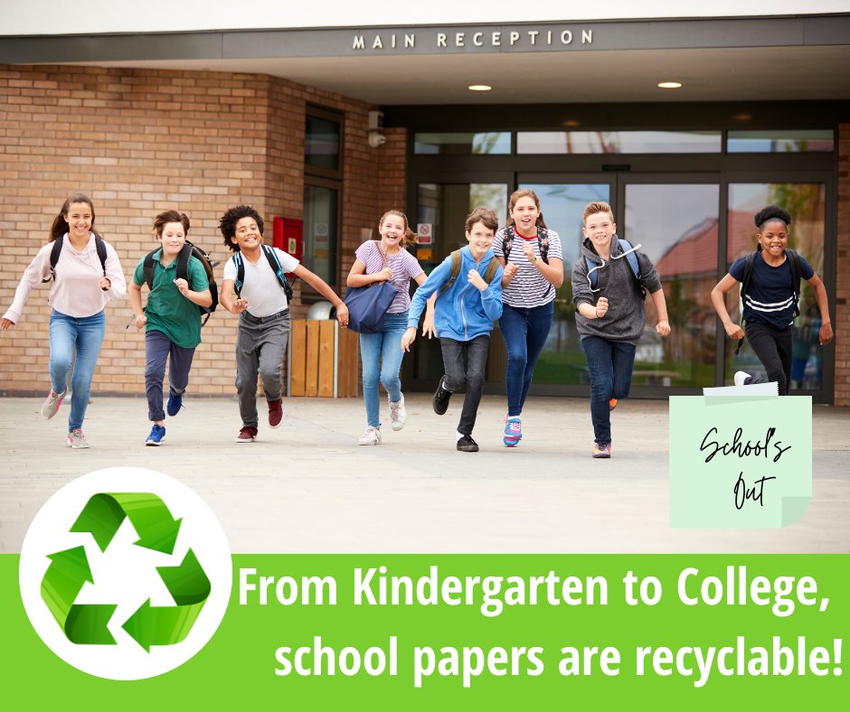 SCHOOL is OUT! Let’s recap what school items can go   into the bin. Bottom line: school papers are recyclable!

 · Copy paper
 · Notebook paper
 · Paperback books
 · Colored paper
 · Construction paper
 · Notebooks
 · Paper from notebook with wire spirals (spirals go into trash)