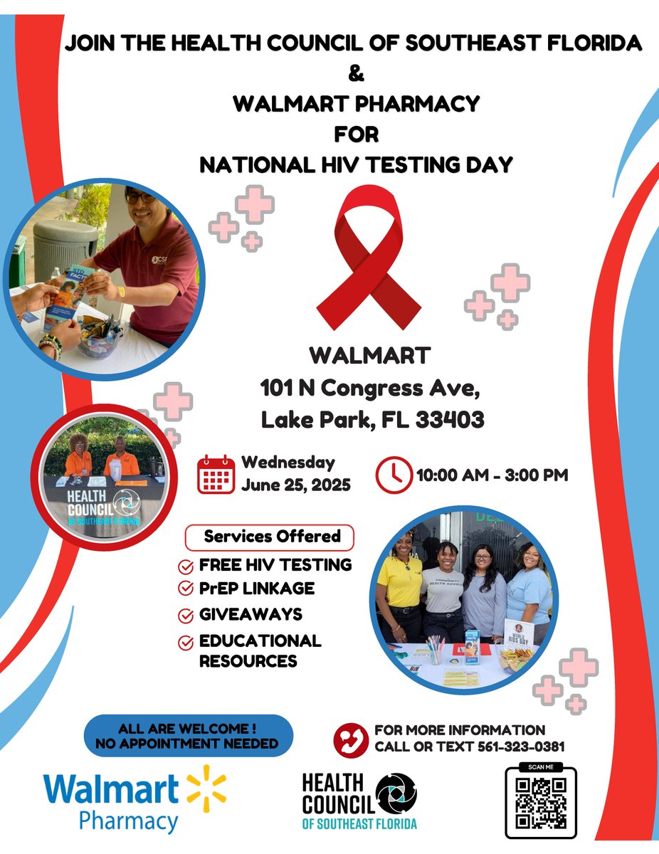 HCSEF's tweet photo. Catch us again tomorrow, Wednesday, June 25th, at Walmart Lake Park from 10AM–3PM for free rapid HIV testing in honor of NHTD (June 27th)! Get results in just 15 minutes, score some giveaways, and explore helpful resources. 📲 Call/text 561-323-0381 for more info. https://t.co/3yC9g0Eh6J