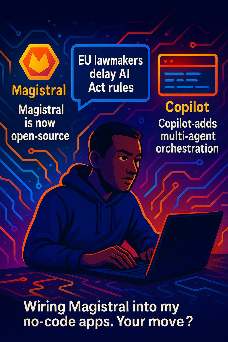 casbattle's tweet image. Morning AI update: Magistral is now open-source; EU lawmakers delay AI Act rules; Copilot adds multi-agent orchestration. AI is developing so fast. What are you building? #NoCodeDev #AIapps #Promptshare