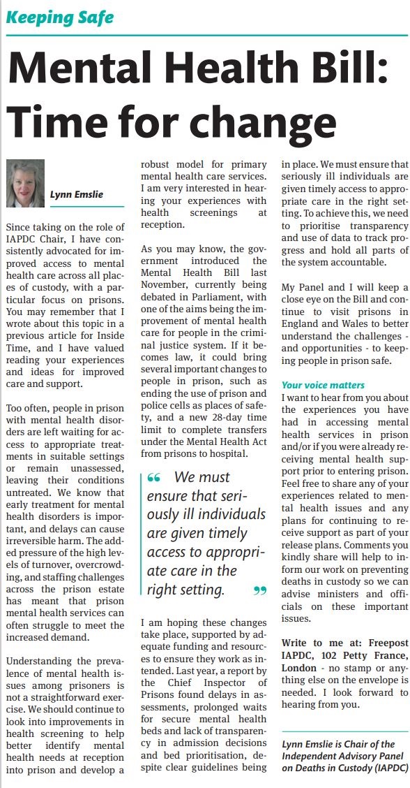 IAPDiC's tweet image. 'We must ensure that seriously ill individuals are given timely access to appropriate care in the right setting.'
Read the latest @InsideTimeUK article by our Chair, @EmslieLynn.
insidetime.org/information/me…