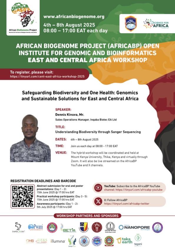 EA-Regional Workshop (@eaafricabp) on Twitter photo We are elated to have Dennis Kivuva from <a href="/inqababiotec/">inqaba biotec</a> as a speaker in the incoming E.A <a href="/DAISEA_AfricaBP/">African BioGenome Project</a> conference at <a href="/MountKenyaUni/">MountKenyaUniversity</a> . His talk will be focusing on the importance of #sanger #sequencing in addressing #biodiversity #conservation
<a href="/AnneMuigai_Prof/">Prof Anne Muigai</a> We are elated to have Dennis Kivuva from <a href="/inqababiotec/">inqaba biotec</a> as a speaker in the incoming E.A <a href="/DAISEA_AfricaBP/">African BioGenome Project</a> conference at <a href="/MountKenyaUni/">MountKenyaUniversity</a> . His talk will be focusing on the importance of #sanger #sequencing in addressing #biodiversity #conservation
<a href="/AnneMuigai_Prof/">Prof Anne Muigai</a>