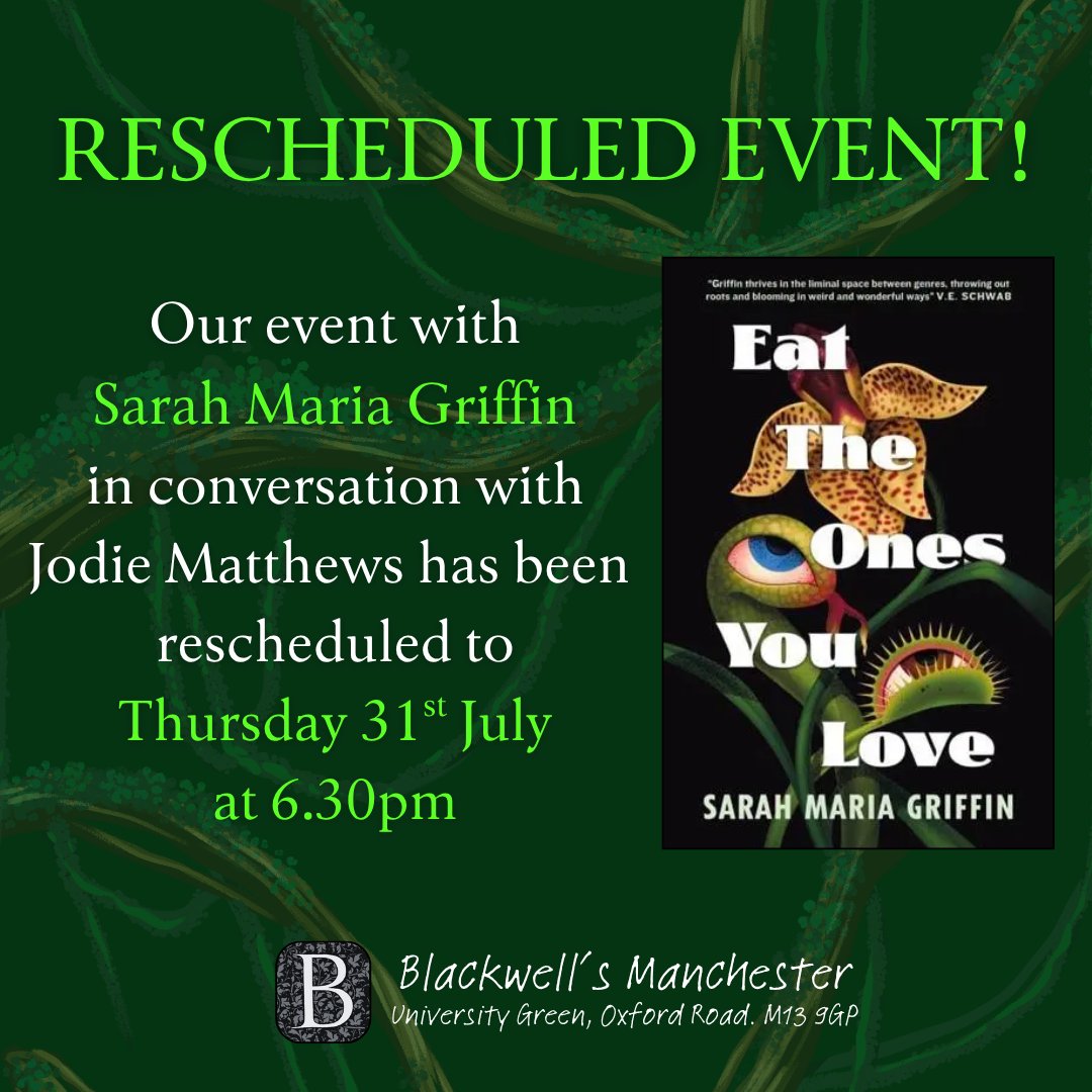 BlackwellsManchester (@blackwellsmcr) on Twitter photo Due to unforeseen circumstances we have rescheduled our event with Sarah Maria Griffin to Thursday 31st July.
All ticket holders have been contacted via Eventbrite. We hope you can still join us for a fab discussion of Eat The Ones You Love with <a href="/JodieRMatthews/">Jodie Rhian Matthews</a> in July! Due to unforeseen circumstances we have rescheduled our event with Sarah Maria Griffin to Thursday 31st July.
All ticket holders have been contacted via Eventbrite. We hope you can still join us for a fab discussion of Eat The Ones You Love with <a href="/JodieRMatthews/">Jodie Rhian Matthews</a> in July!