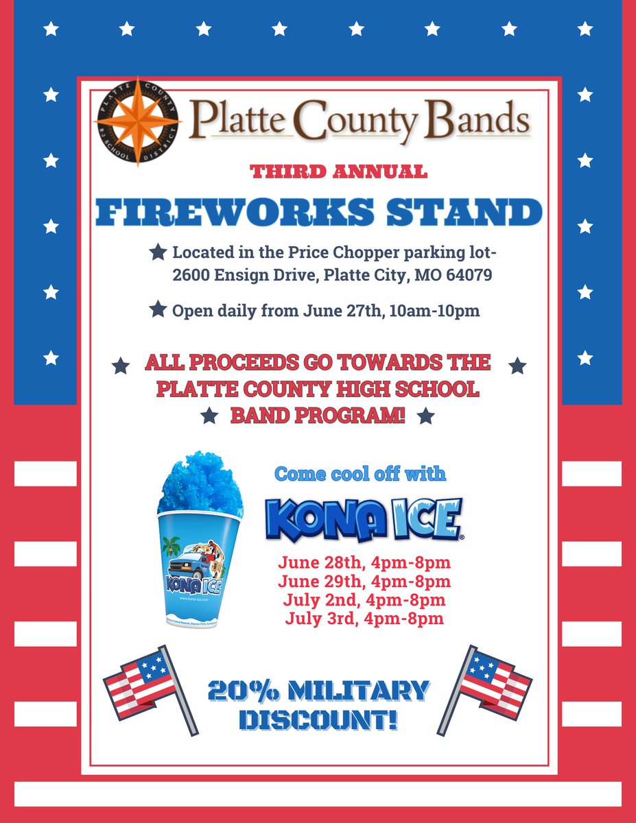 PlatteCountyPirates (@plattecountyr3) on Twitter photo It’s Fireworks Time!!! Support <a href="/PlatteCoBands/">Platte County Bands</a> at their 3rd Annual Band Fireworks Tent located in the Price Chopper parking lot in Platte City! Starting June 27! 🧡🖤🎼🎆 It’s Fireworks Time!!! Support <a href="/PlatteCoBands/">Platte County Bands</a> at their 3rd Annual Band Fireworks Tent located in the Price Chopper parking lot in Platte City! Starting June 27! 🧡🖤🎼🎆