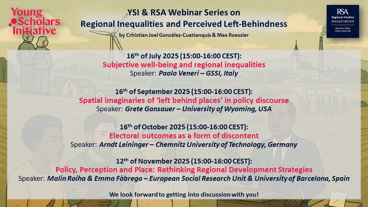 Max Roessler (@max_roessler) on Twitter photo New webinar series on regional inequalities and perceived left-behindness! With great support from the <a href="/ysi_commons/">Young Scholars Initiative</a> and <a href="/regstud/">Regional Studies Association</a>, <a href="/Crhistian__Joel/">Crhistian Joel González-Cuatianquis</a> and I, invite you to four fantastic webinars from July to November 2025.
Details and registration: ysi.ineteconomics.org/event/ysi-rsa-… New webinar series on regional inequalities and perceived left-behindness! With great support from the <a href="/ysi_commons/">Young Scholars Initiative</a> and <a href="/regstud/">Regional Studies Association</a>, <a href="/Crhistian__Joel/">Crhistian Joel González-Cuatianquis</a> and I, invite you to four fantastic webinars from July to November 2025.
Details and registration: ysi.ineteconomics.org/event/ysi-rsa-…
